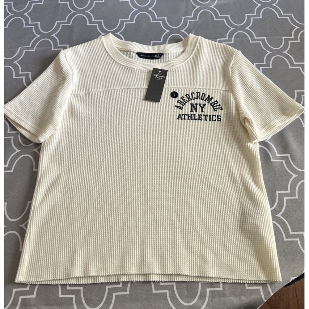 Abercrombie & Fitch Cream Waffle Short Sleeve T-Shirt Logo NWT